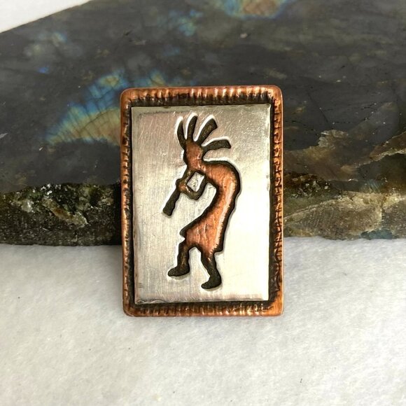 VTG Signed Sterling Silver 925 Copper 1.60" Southwest Overlay Kokopelli Brooch - Picture 1 of 16